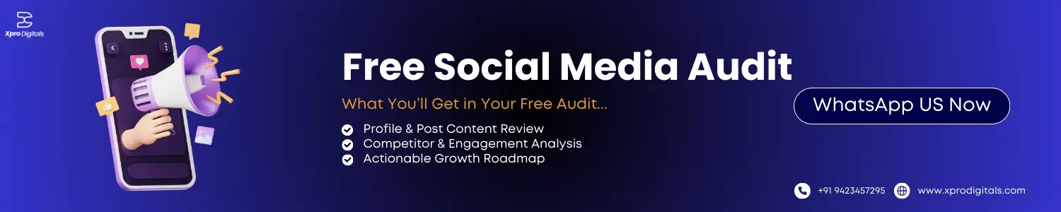 Free social media audit banner showing profile review, engagement analysis, and growth roadmap
