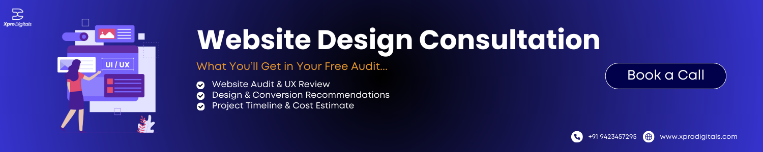 Free website design consultation banner showing UX review, conversion tips, and project estimate