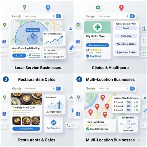 Google Business Profile optimization for local services, clinics, restaurants, and multi-location businesses