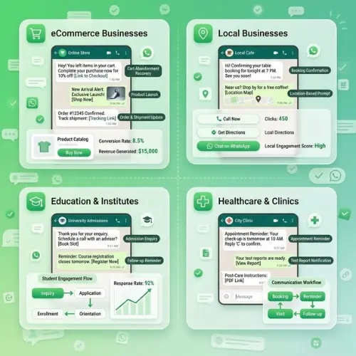 WhatsApp marketing use cases for ecommerce, local businesses, education, and healthcare industries