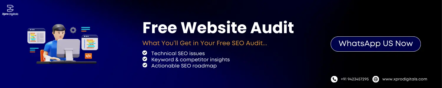 Free website SEO audit banner highlighting technical issues, keyword insights, and SEO roadmap