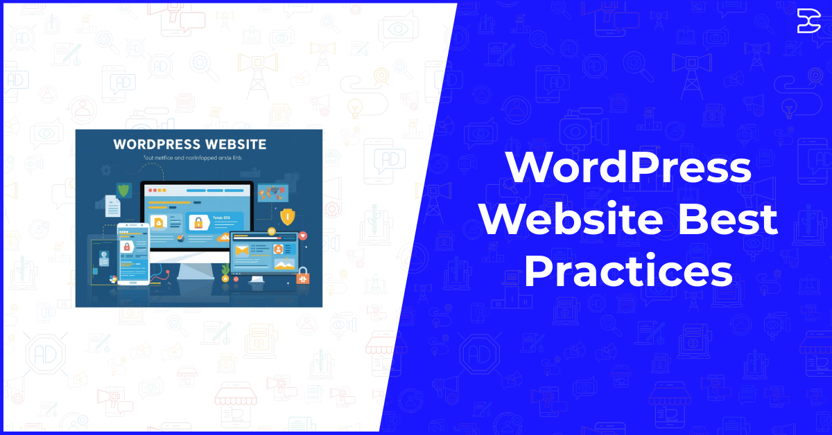 WordPress website best practices banner with responsive design illustration showing desktop, tablet, and mobile screens on blue gradient background