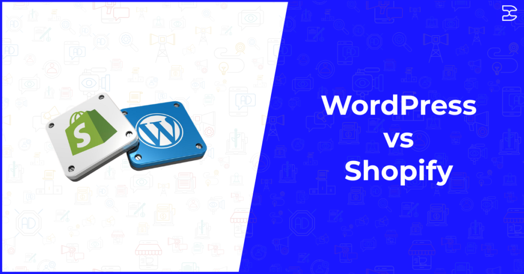 WordPress vs Shopify comparison banner featuring WordPress and Shopify logos on blue gradient background for ecommerce platform comparison blog