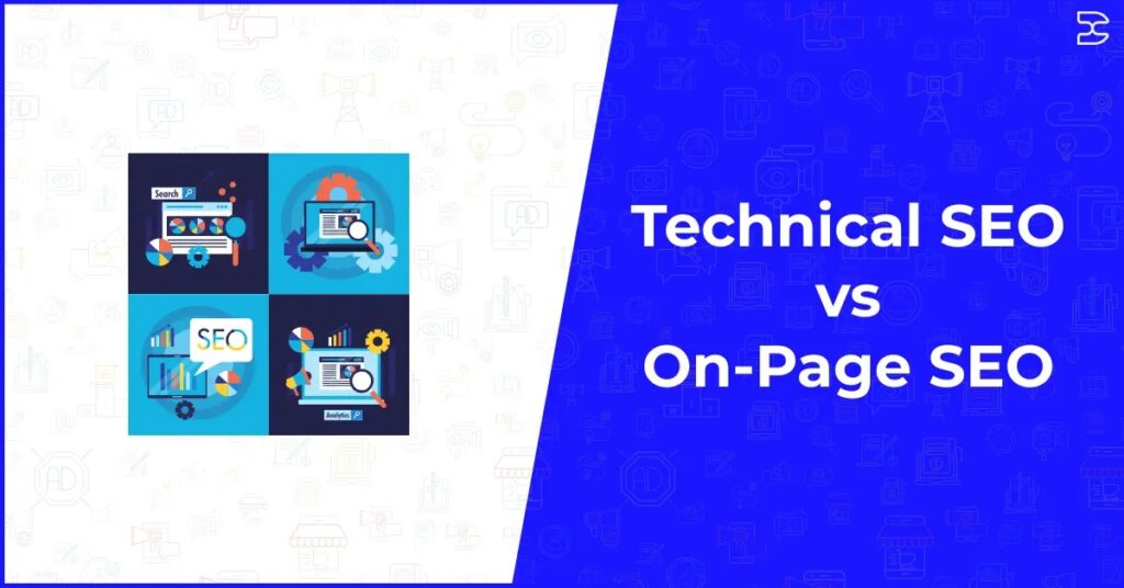 Banner image with the title “Technical SEO vs On-Page SEO” on a blue background, alongside illustrated SEO graphics including charts, magnifying glass, analytics dashboard, and website optimization icons.