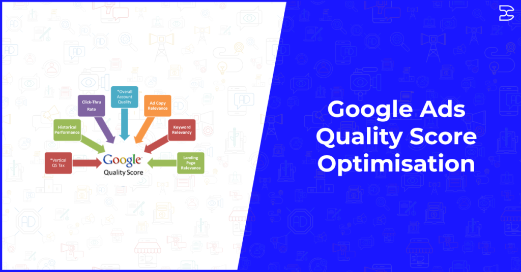 Google Ads quality score optimisation illustration showing factors like click-through rate, ad relevance, keyword relevance, and landing page experience.