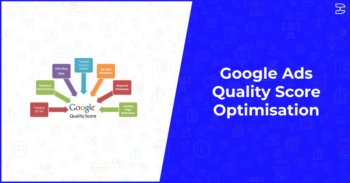 Google Ads quality score optimisation illustration showing factors like click-through rate, ad relevance, keyword relevance, and landing page experience.