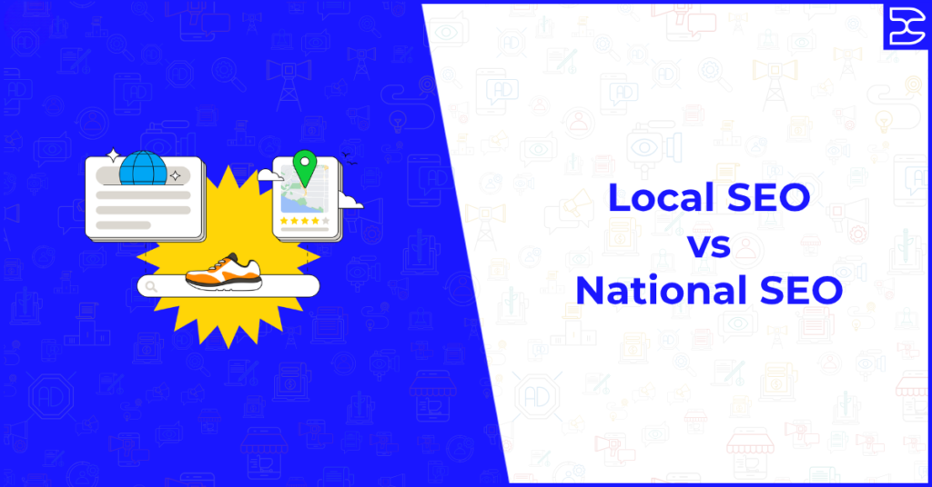Local SEO vs national SEO illustration showing search results, location pin, and product listing comparison concept.