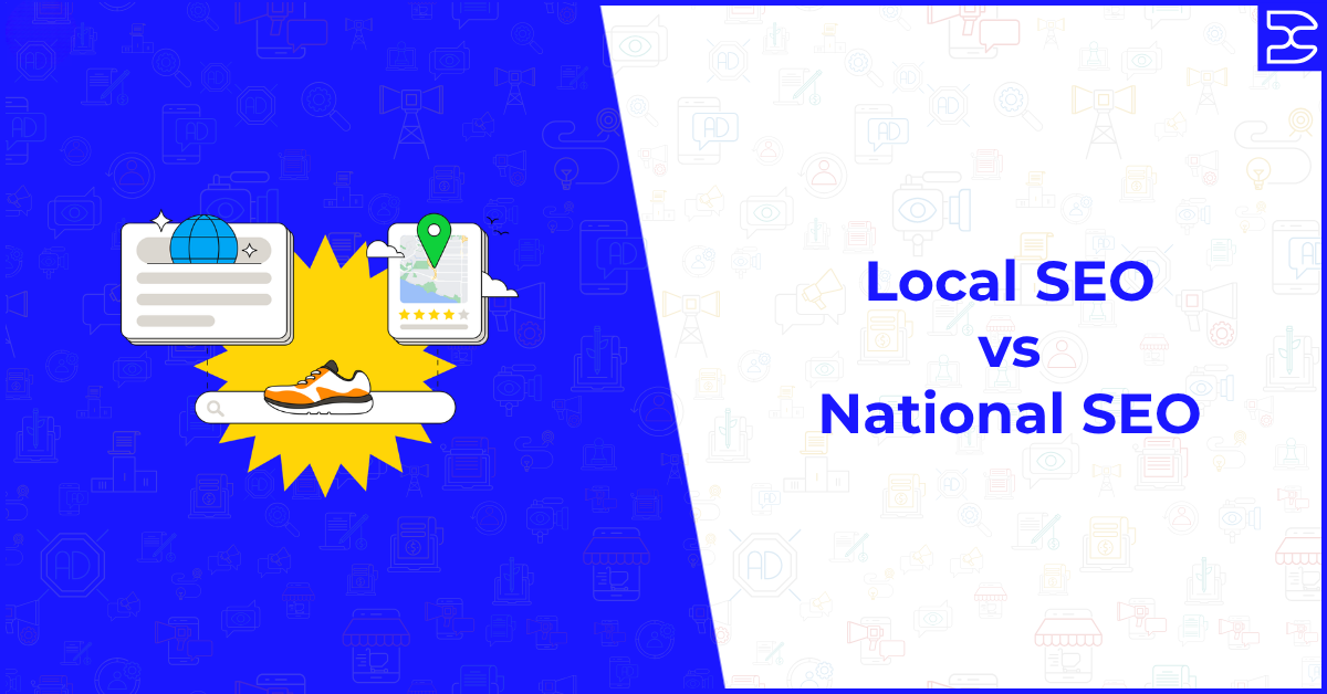 Local SEO vs national SEO illustration showing search results, location pin, and product listing comparison concept.