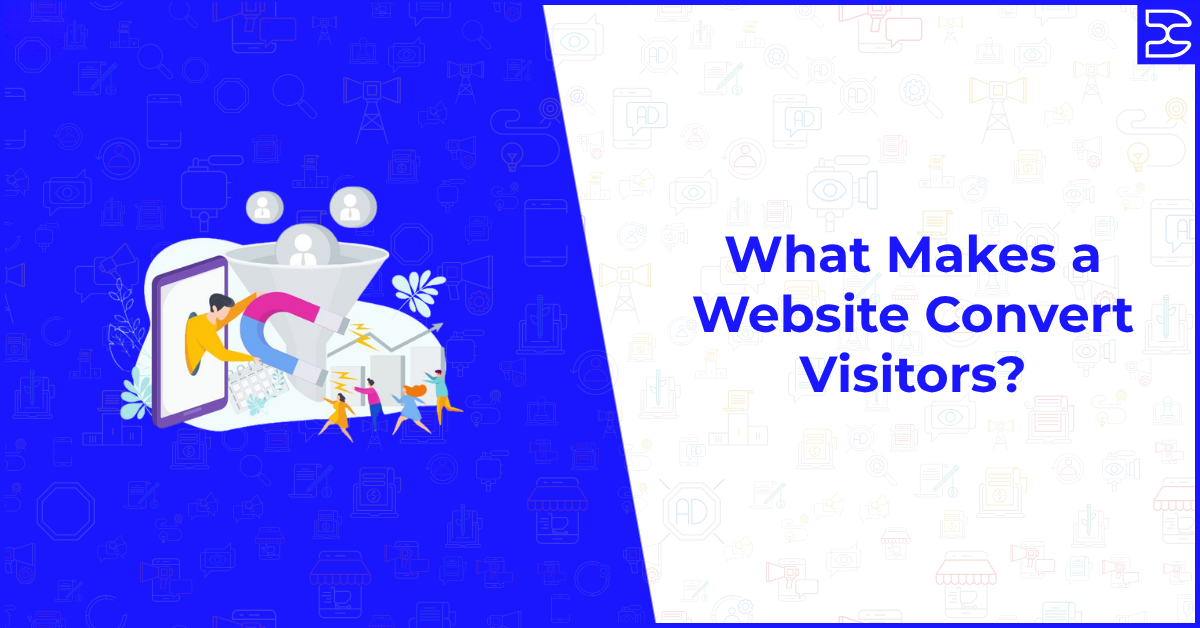 What makes a website convert visitors illustration with sales funnel, magnet attracting users, and digital marketing elements.