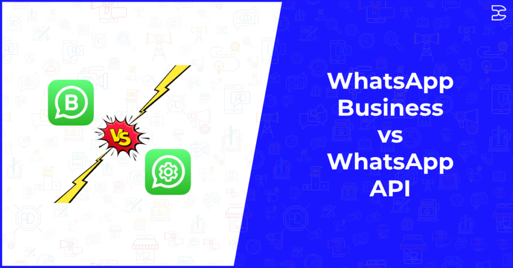 WhatsApp Business vs WhatsApp API comparison illustration with icons and lightning bolt showing difference between platforms.
