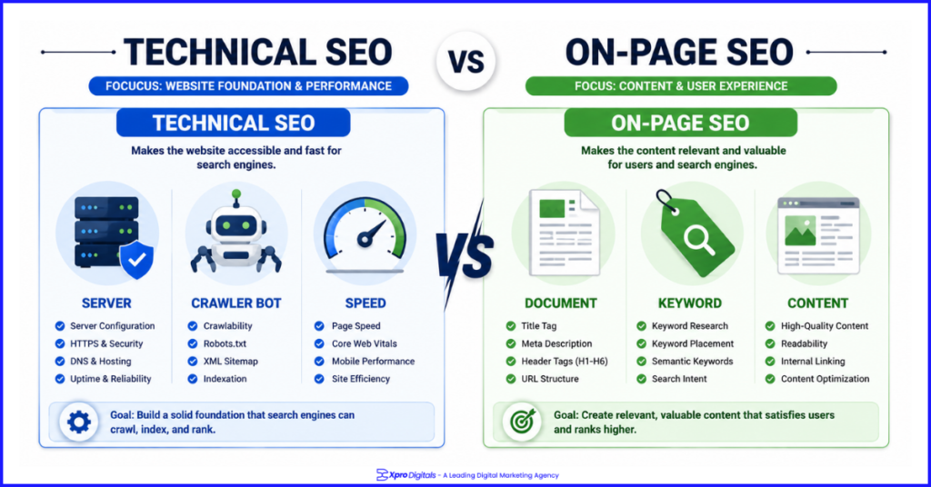 Side-by-side comparison of Technical SEO and On-Page SEO with icons for core optimization elements.